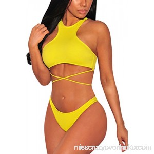 Selowin Womens Halter Neck Bandage Lace Up Backless 2 Piece Bikini Sets Swimsuit Yellow B07P7HHYM6